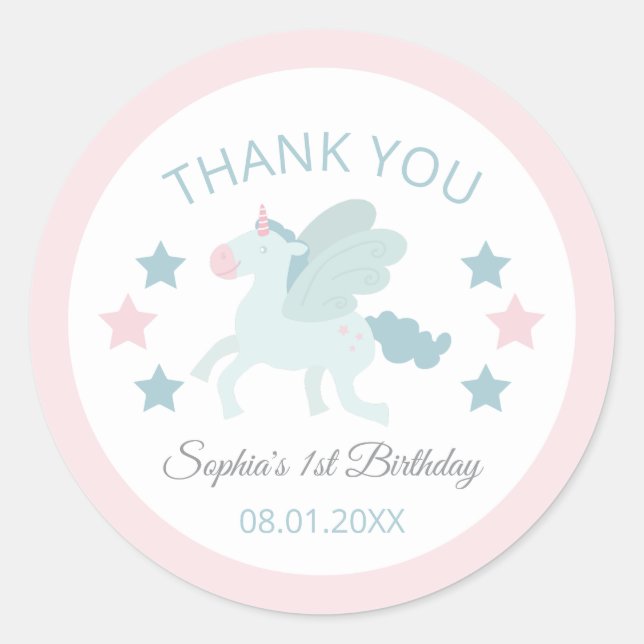Unicorn Cute Pink Blue Thank You Birthday  Classic Round Sticker (Front)