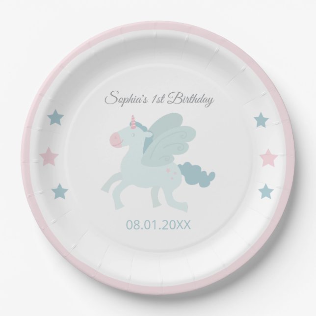 Unicorn Cute Pink Blue Thank You Birthday  Paper Plates (Front)