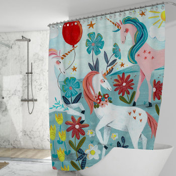 Unicorn Cute Rainbow Girls Shower Curtain by CartitaDesign at Zazzle