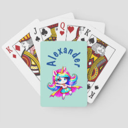 Unicorn cute super girl green navy text poker cards