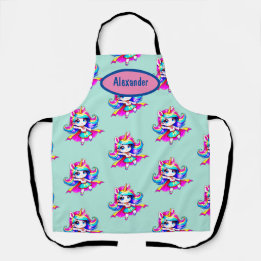 Unicorn cute super girl green navy text T-Shirt Apron