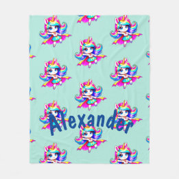 Unicorn cute super girl green navy text T-Shirt Fleece Blanket