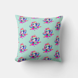 Unicorn cute super girl green navy text T-Shirt Throw Pillow