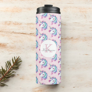 Unicorn Cute Watercolor Pattern Custom Name Thermal Tumbler