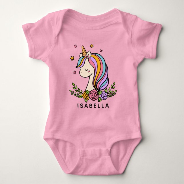 Unicorn Cute Whimsical Girly Personalized Name Baby Bodysuit (Front)