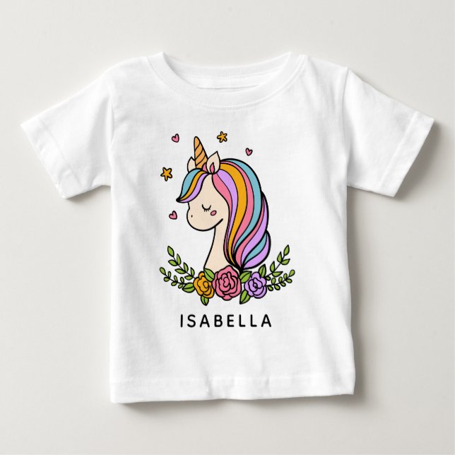Unicorn Cute Whimsical Girly Personalized Name Baby T-Shirt (Front)