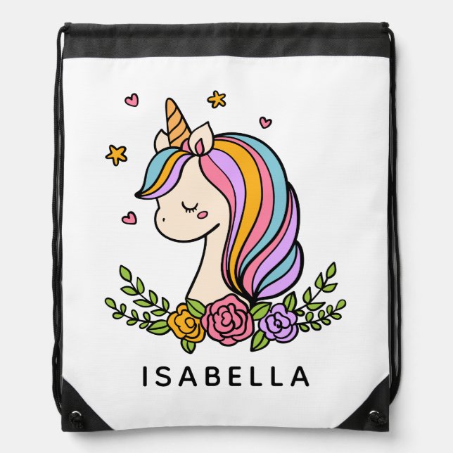 Unicorn Cute Whimsical Girly Personalized Name Drawstring Bag (Front)