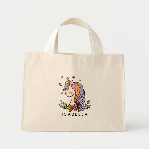 Unicorn Cute Whimsical Girly Personalized Name Mini Tote Bag