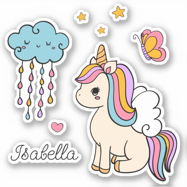 Unicorn Cute Whimsical Girly Personalized Name Sticker (Front)
