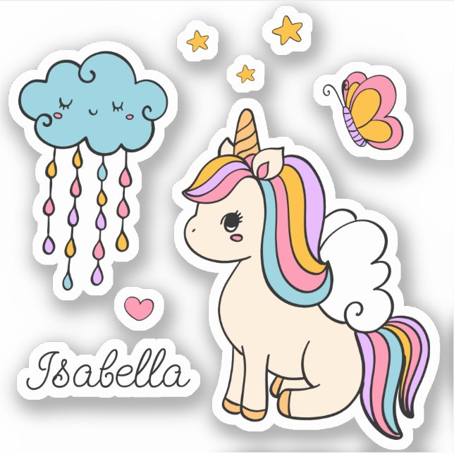 Unicorn Cute Whimsical Girly Personalized Name Sticker (Front)