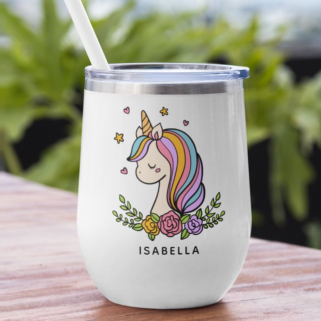 Unicorn Cute Whimsical Girly Personalized Name Thermal Wine Tumbler (Creator Uploaded)