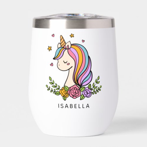 Unicorn Cute Whimsical Girly Personalized Name Thermal Wine Tumbler