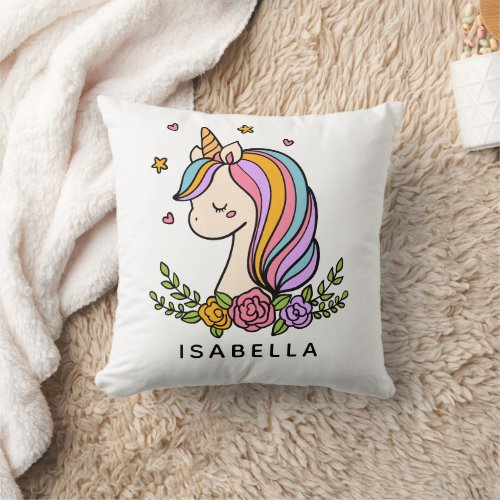 Unicorn Cute Whimsical Girly Personalized Name Throw Pillow