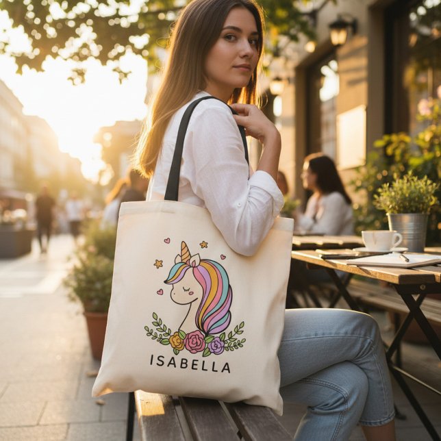 Unicorn Cute Whimsical Girly Personalized Name Tote Bag (Creator Uploaded)