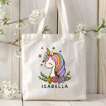Unicorn Cute Whimsical Girly Personalized Name Tote Bag<br><div class="desc">Unicorn Cute Whimsical Girly Pink Floral Personalized Name Tote Bag features a cute unicorn with stars,  hearts and flowers. Perfect for back to school,  book bags for girls,  birthday party gifts and favors,  personalized Christmas gifts for girls and more. Designed by ©Evco Studio www.zazzle.com/store/evcostudio</div>