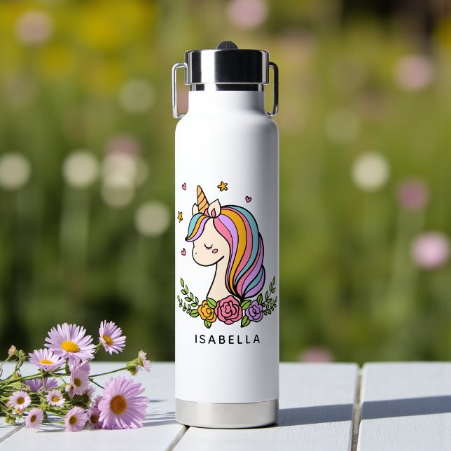 Unicorn Cute Whimsical Girly Personalized Name Water Bottle (Creator Uploaded)