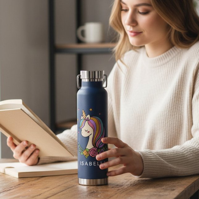 Unicorn Cute Whimsical Girly Personalized Name Water Bottle (Creator Uploaded)