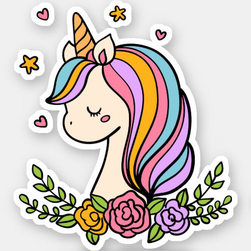 Unicorn Cute Whimsical Girly Pink Floral Sticker