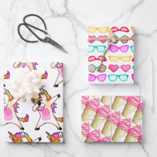 Unicorn Dab Dance Pose, Sunglasses Pink Ice-cream  Wrapping Paper Sheets