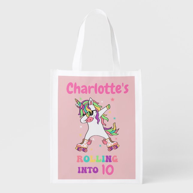 Unicorn Dabbing Roller Skating Birthday Reusable Grocery Bag (Front)