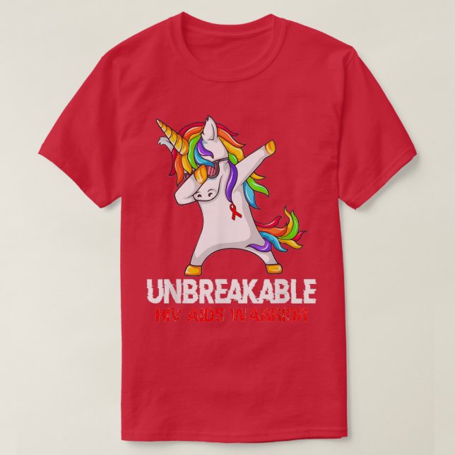Unicorn Dabbing Unbreakable Hiv Aids Warrior Ribbo T-Shirt (Design Front)