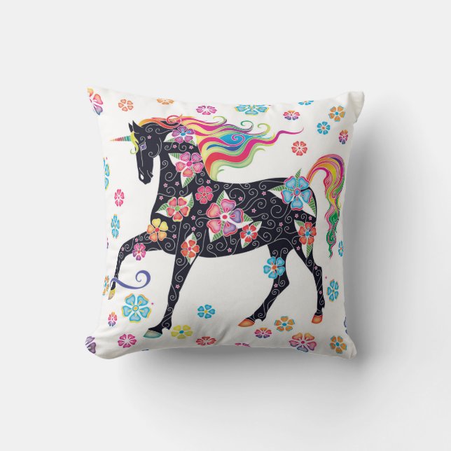 Unicorn Dark Blue Rainbow Flowers Throw Pillow (Front)