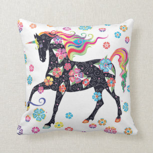 Unicorn Dark Blue Rainbow Flowers Throw Pillow