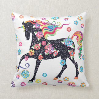 Unicorn Dark Blue Rainbow Flowers Throw Pillow