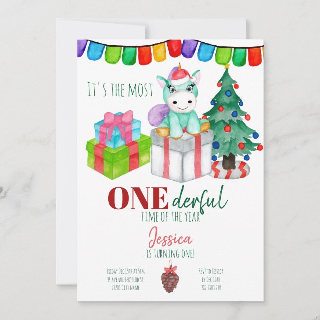 Unicorn deer Onederful Christmas Birthday  Invitation (Front)