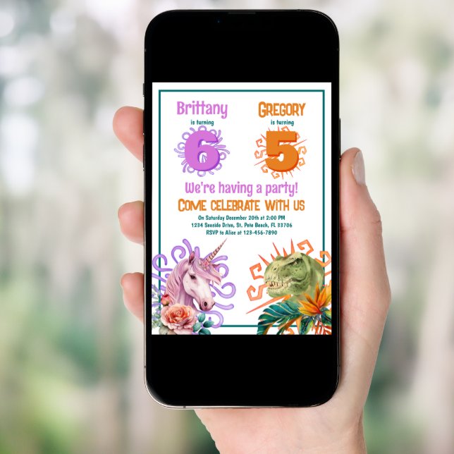 Unicorn Dinosaur Joint Birthday Invitation (Front Digital)