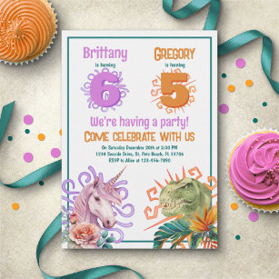 Unicorn Dinosaur Joint Birthday Invitation