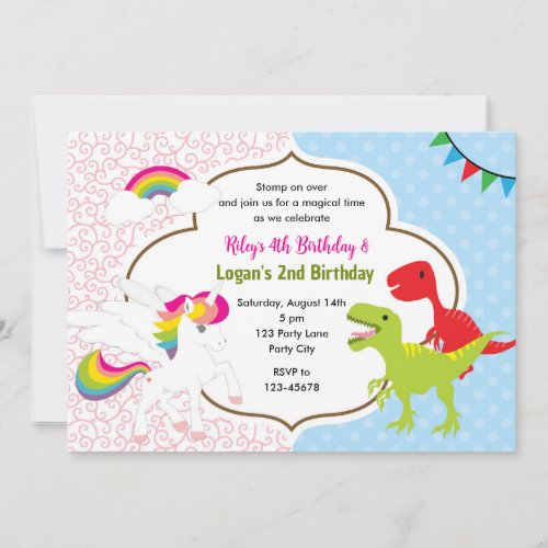 Unicorn  Dinosaur Joint Boy Girl Birthday Invites