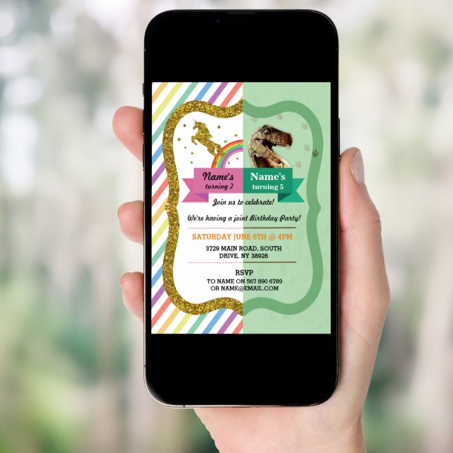 Unicorn & Dinosaur Joint Boy girl Birthday Invites (Front Digital)