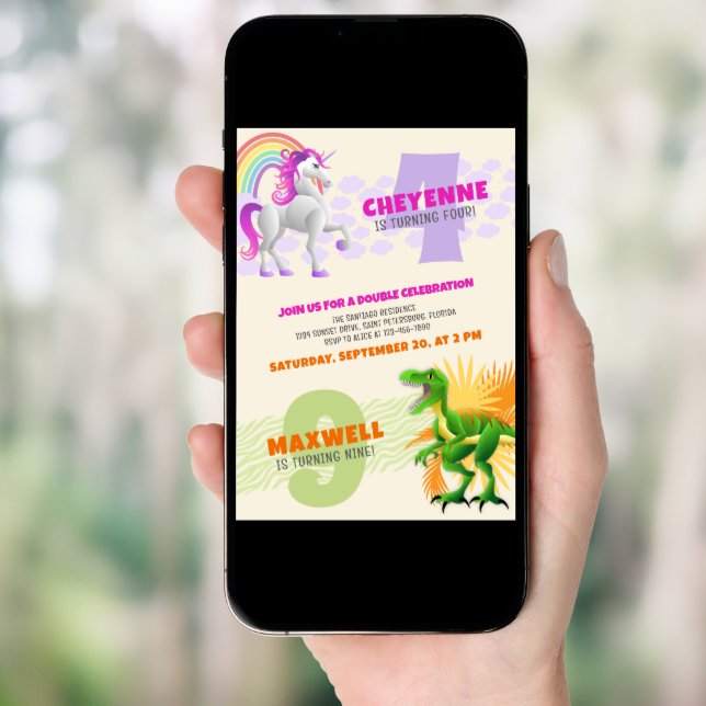 Unicorn Dinosaur Joint Double Birthday Invitation (Front Digital)