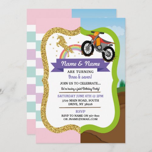 Unicorn  Dirt Bike Boy Girl Shared Birthday Invitation