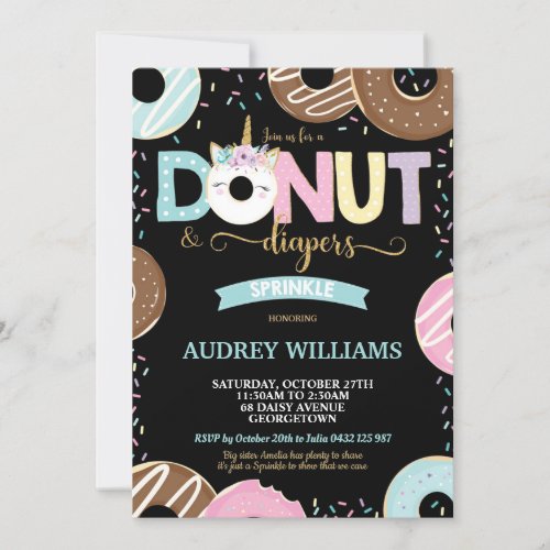 Unicorn Donut and Diapers Baby Sprinkle Shower Invitation