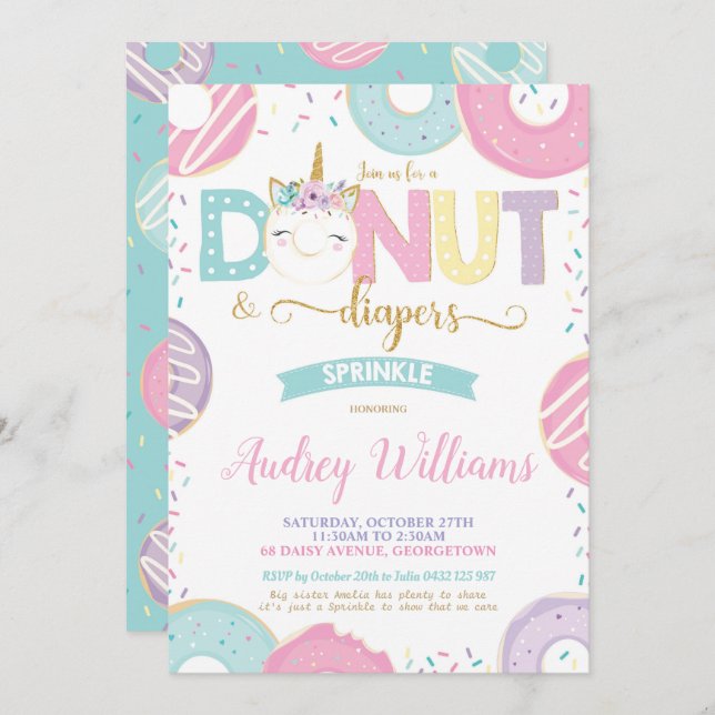 Unicorn Donut and Diapers Baby Sprinkle Shower Invitation (Front/Back)