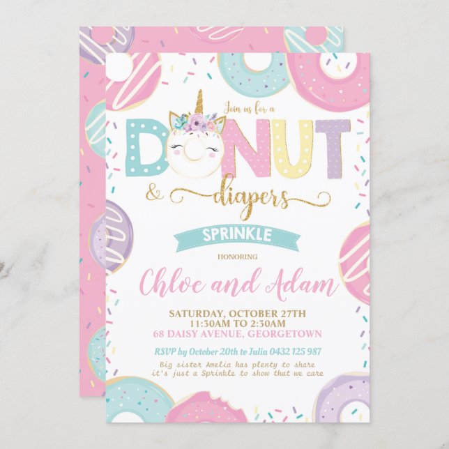Unicorn Donut and Diapers Baby Sprinkle Shower Invitation (Front/Back)