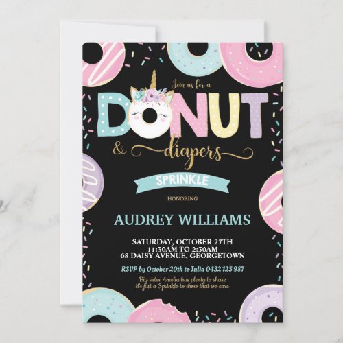 Unicorn Donut and Diapers Baby Sprinkle Shower Invitation