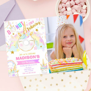 Unicorn Donut Girl Magical Sweet Birthday Photo Invitation