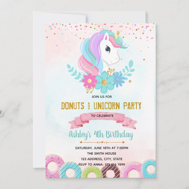 Unicorn Donut grow up party invitation (Front)