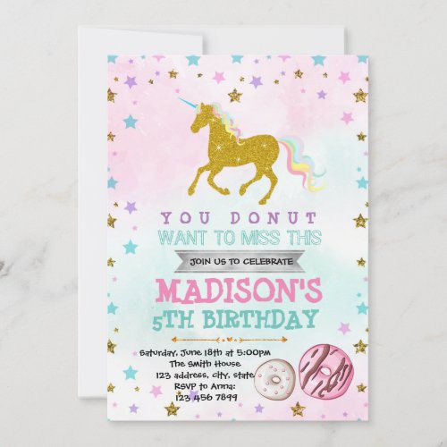 Unicorn donut grow up party invitation