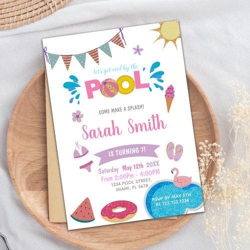 Unicorn Donut Pink Pool Birthday Invitations