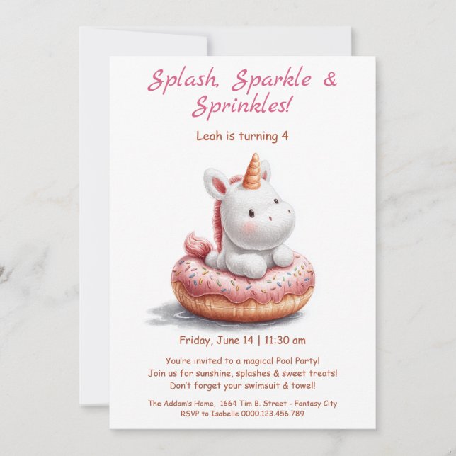 Unicorn Donut Pool Party Invitation – Summer party (Front)