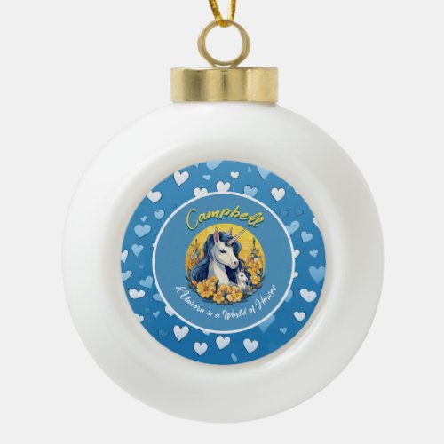Unicorn Down Syndrome Awareness Blue Yellow Ceramic Ball Christmas Ornament
