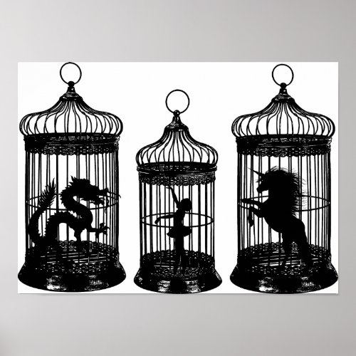 Unicorn Dragon Ballerina in Bird Cages Fantasy Art Poster