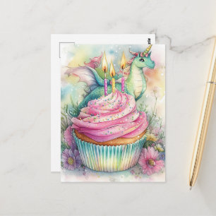 Unicorn Dragon With Cupcake and Flowers Postcard