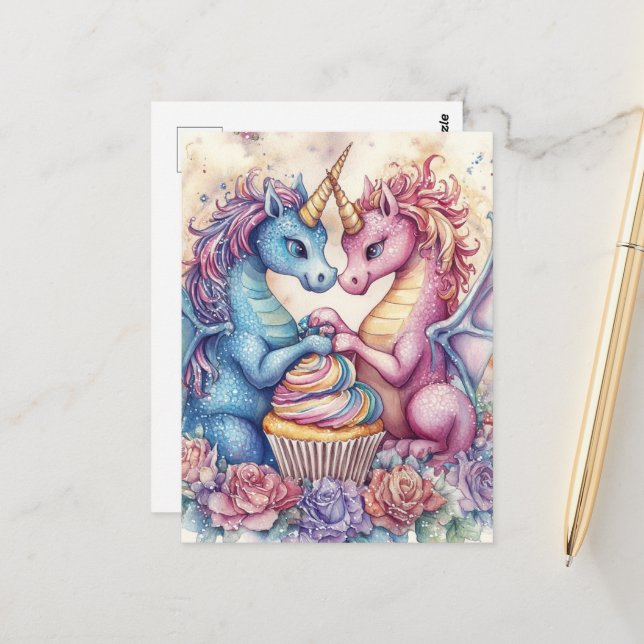 Unicorn Dragons With Cupcake and Flowers Postcard (Front/Back In Situ)