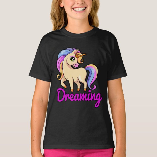 Unicorn dreaming pretty rainbow childs shirt (Front)