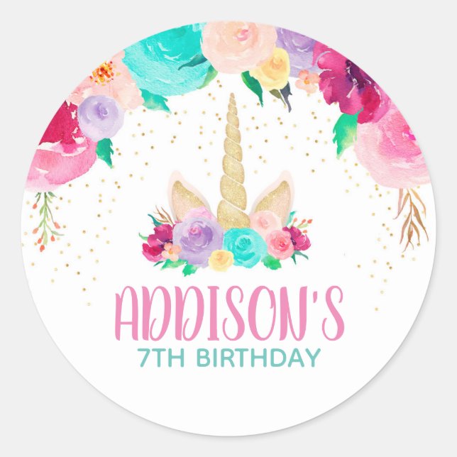 Unicorn Dreams Birthday Party Favor Round Stickers (Front)